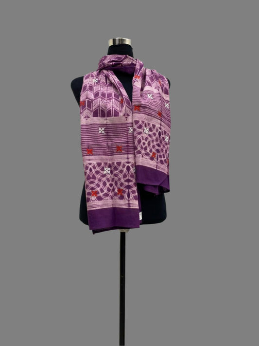 Purple pure mul cotton Tie & Dye Stole with sindhi embroidery