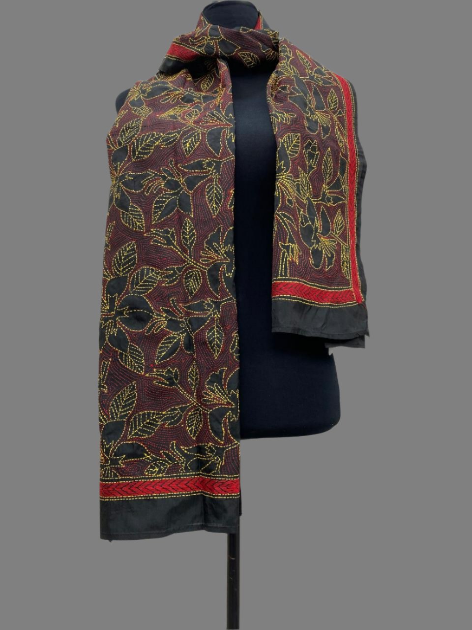 Coffee Brown - Bengal Kantha Embroidery Handloom Tussar Silk Stole