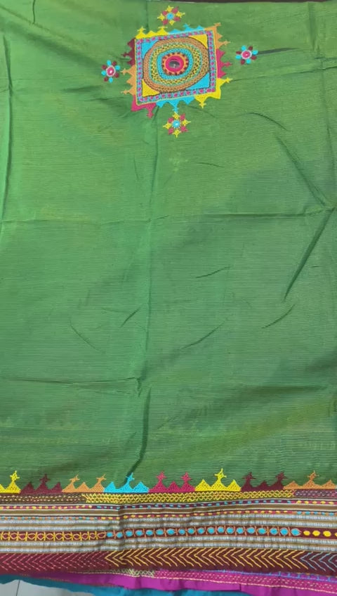 Green - Lambani Embroidery Handspun and handwoven khadi Cotton Blouse Piece