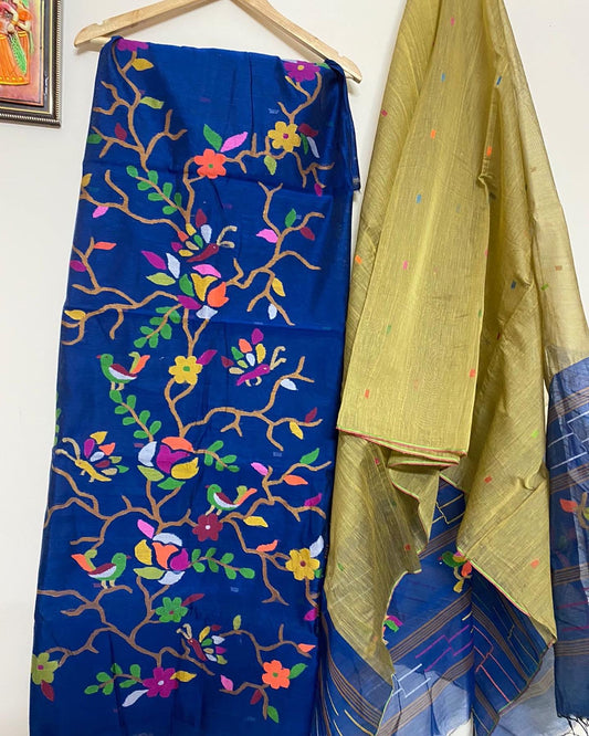 Royal Blue Handloom Jamdani Chanderi Cotton  by Silk Two Piece Unstitched Suit Set